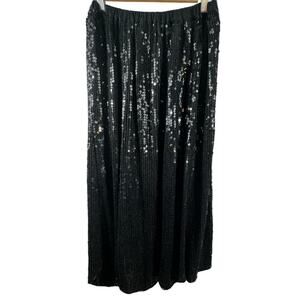 VTG Judith Ann Creation 100% Silk Black Sequin Scalloped Hem Long Skirt Womens L